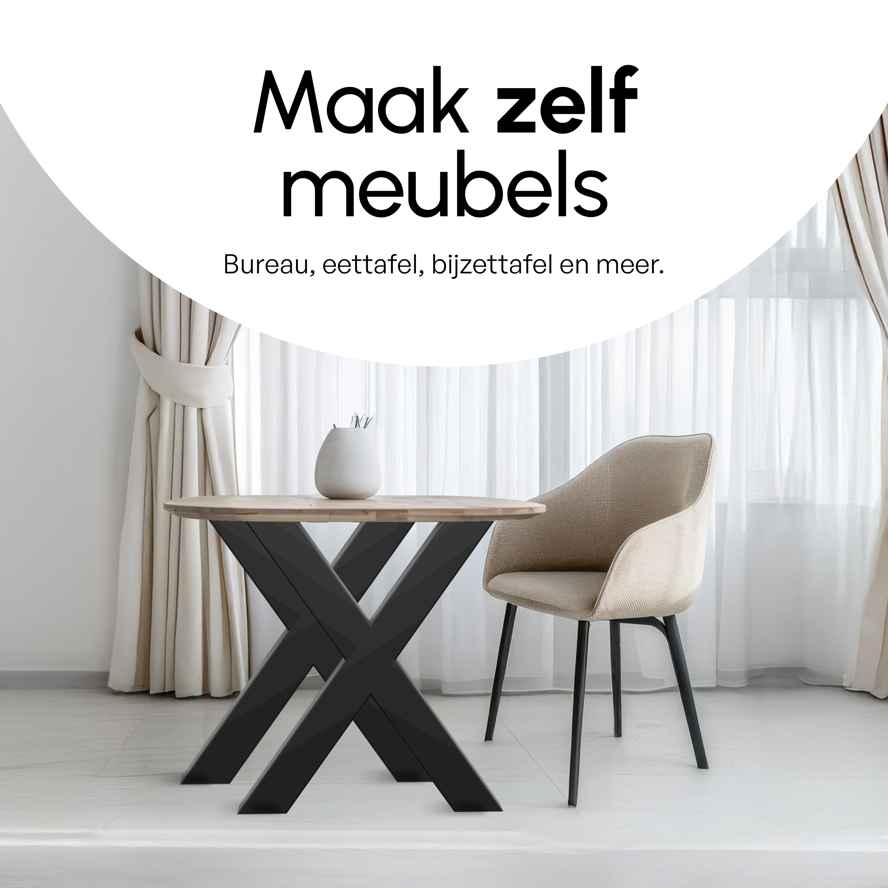 Tafelpoten - Stalen onderstel X 60x72cm Set van 2 - Mat Zwart