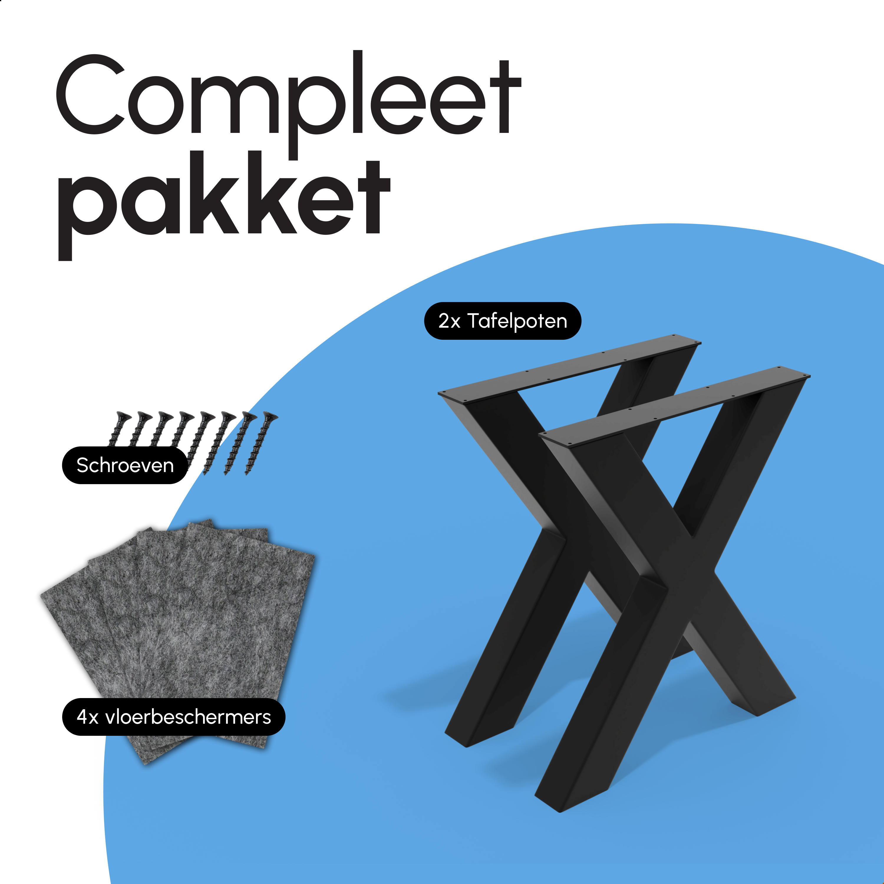 Tafelpoten - Stalen onderstel X 60x72cm Set van 2 - Mat Zwart