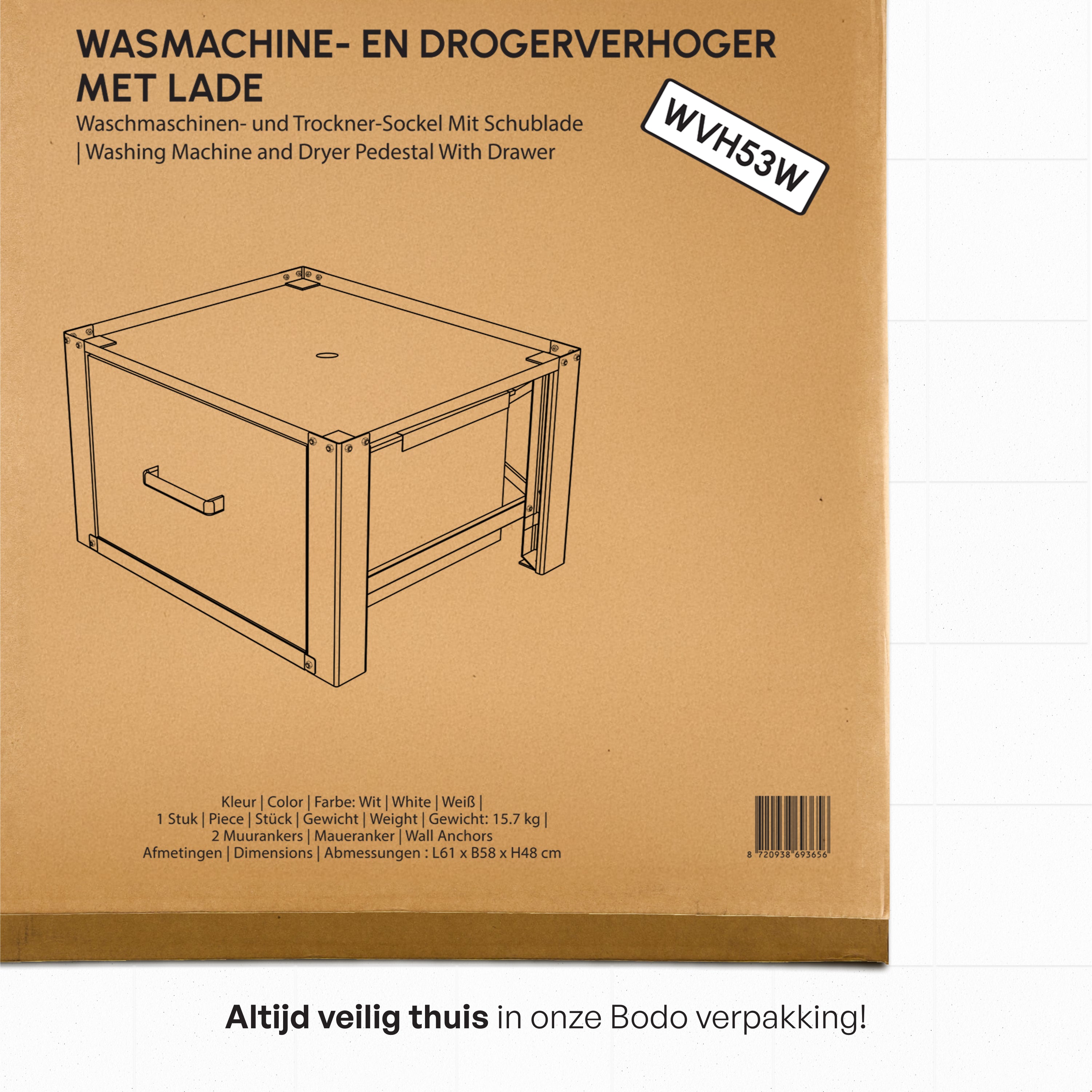 Wasmachine Verhoger met Opberglade - Wit - 61x58x48 cm