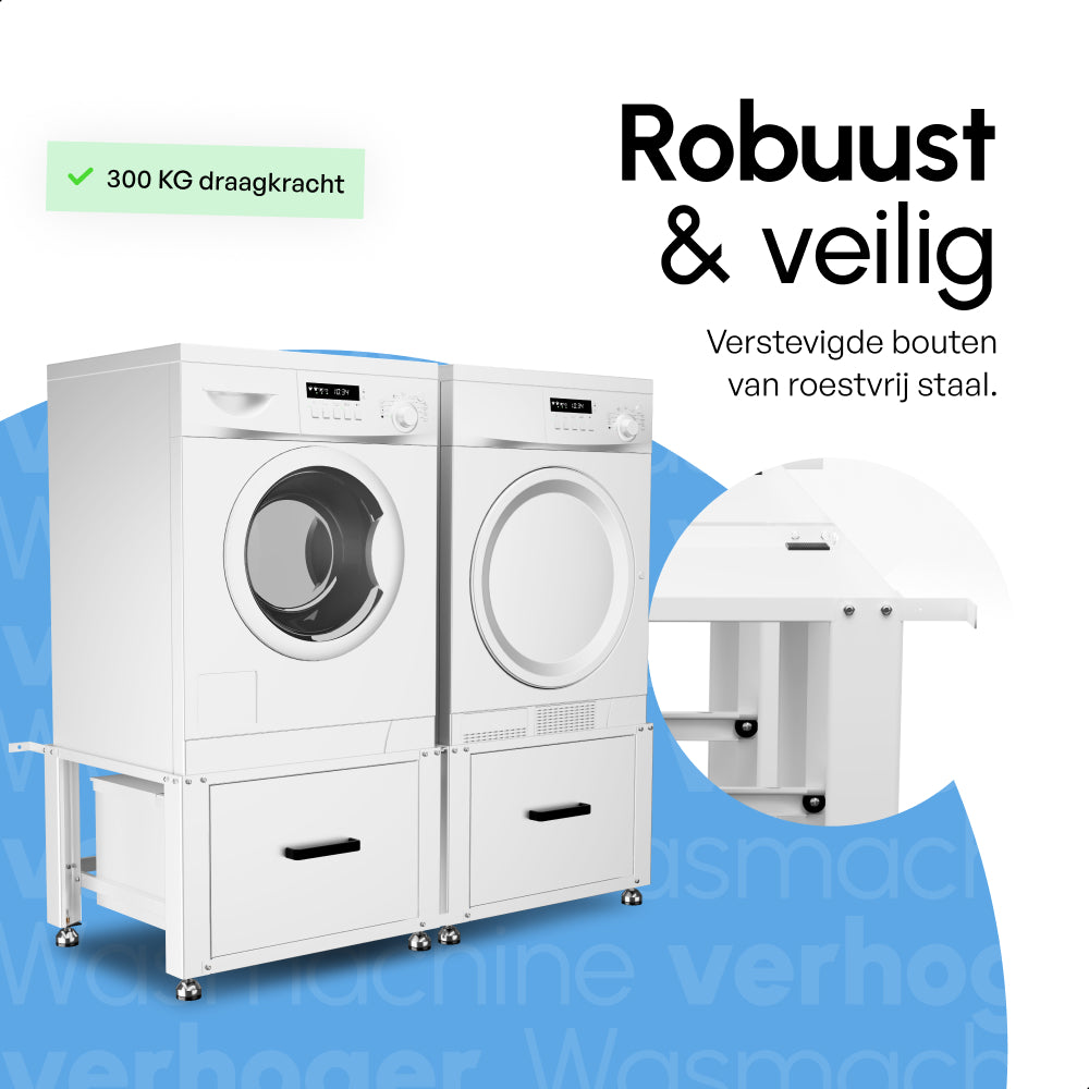 Wasmachine Verhoger - Dubbel - Kast - Ombouw met Lade - Wit - 124x58x44-48cm