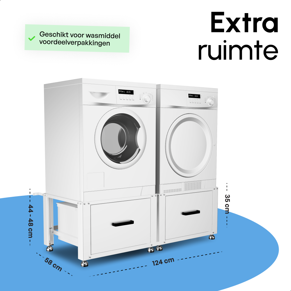 Wasmachine Verhoger - Dubbel - Kast - Ombouw met Lade - Wit - 124x58x44-48cm
