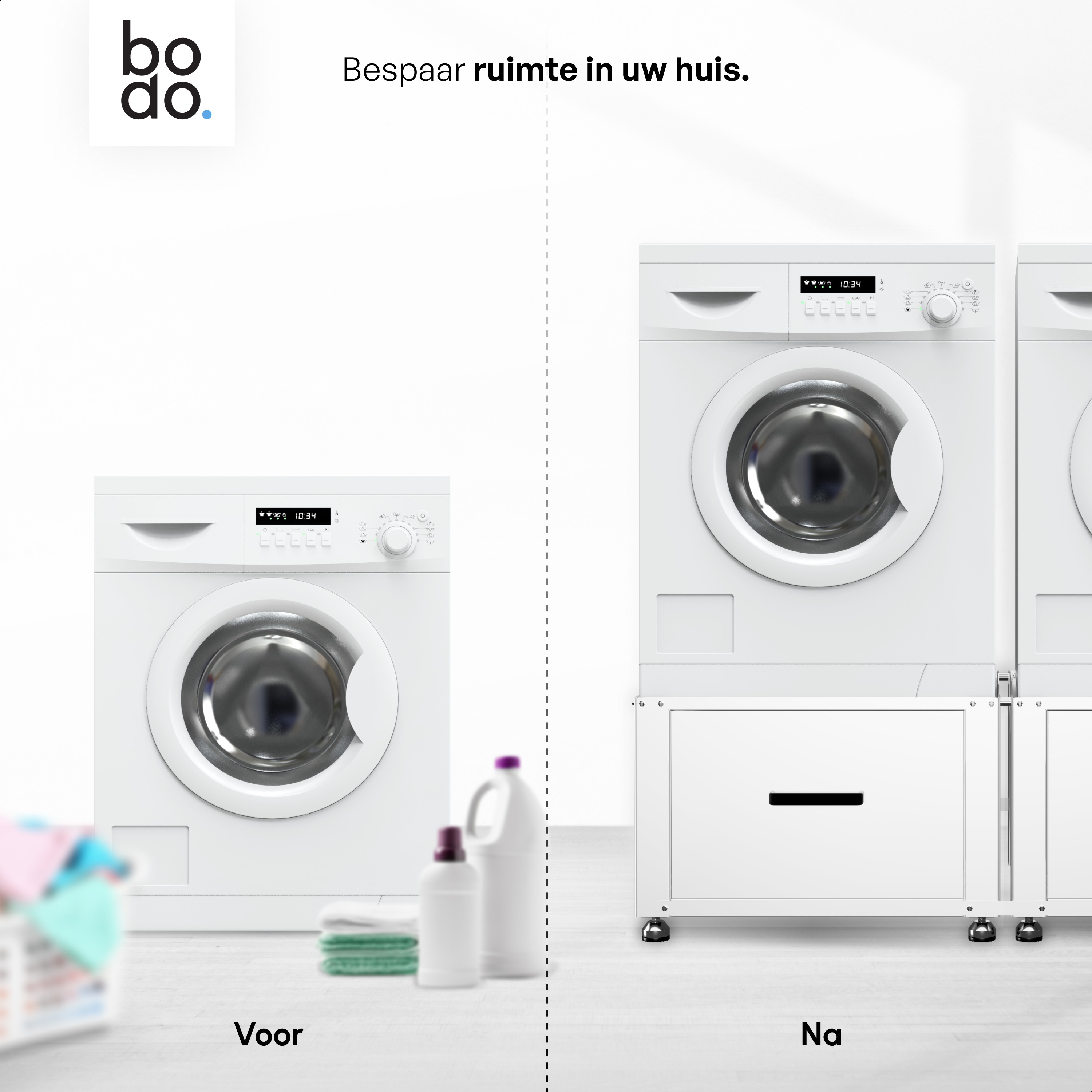 Wasmachine Verhoger - Dubbel - Kast - Ombouw met Lade - Wit - 124x58x44-48cm