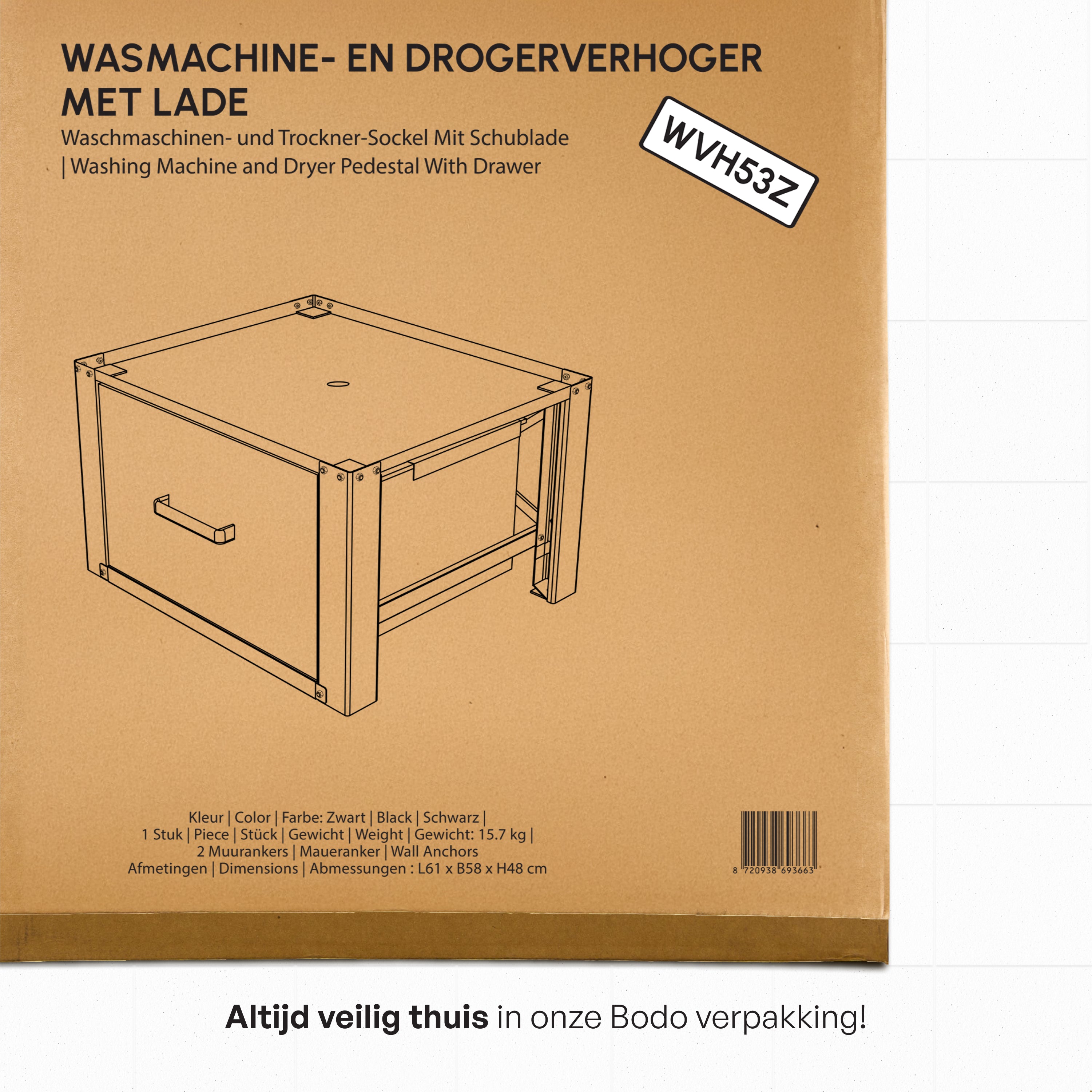 Wasmachine Verhoger met Opberglade - Zwart - 61x58x48 cm