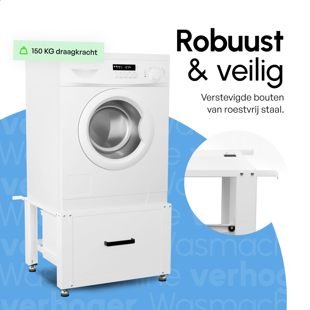 Wasmachine Verhoger met Opberglade - Wit - 61x58x48 cm