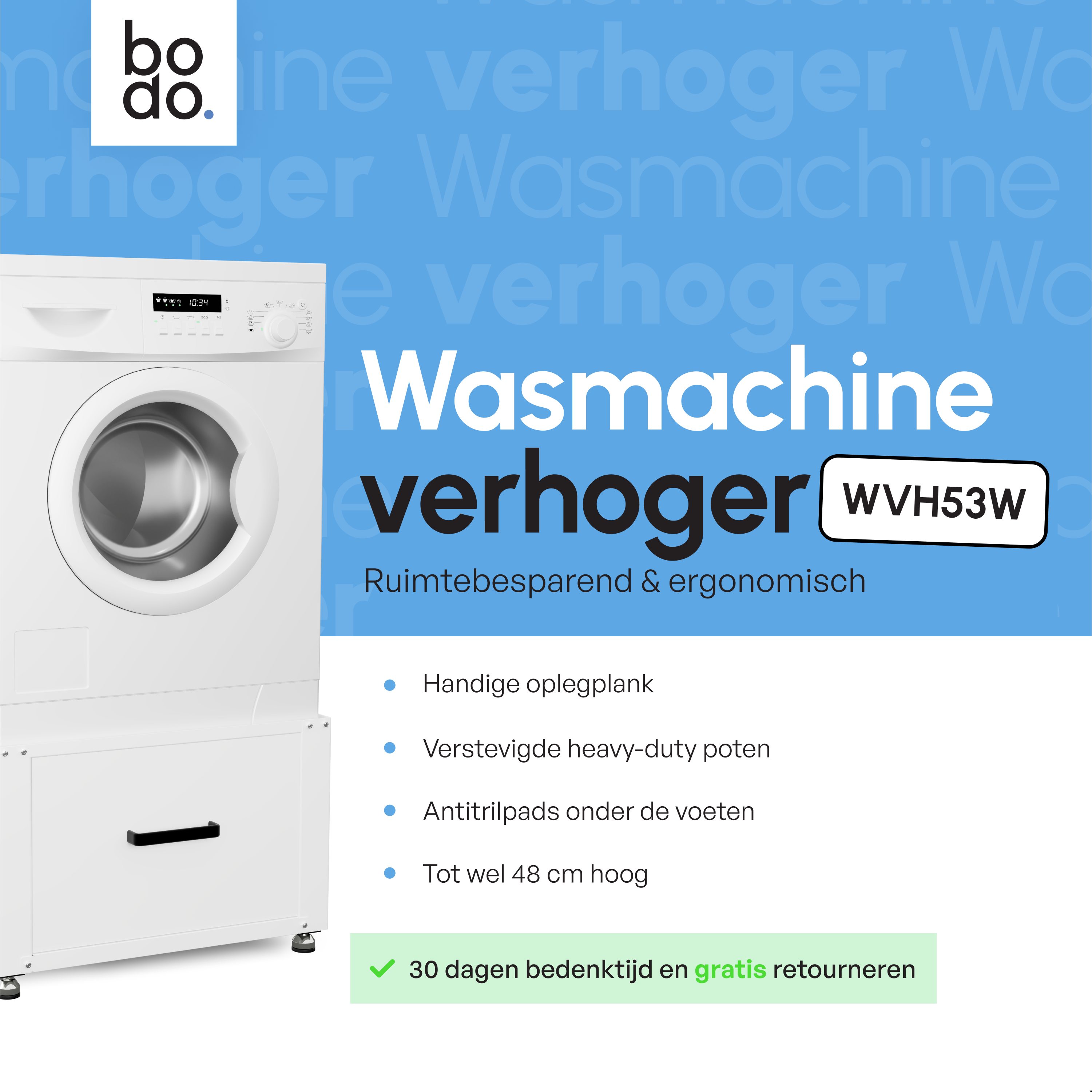 Wasmachine Verhoger met Opberglade - Wit - 61x58x48 cm