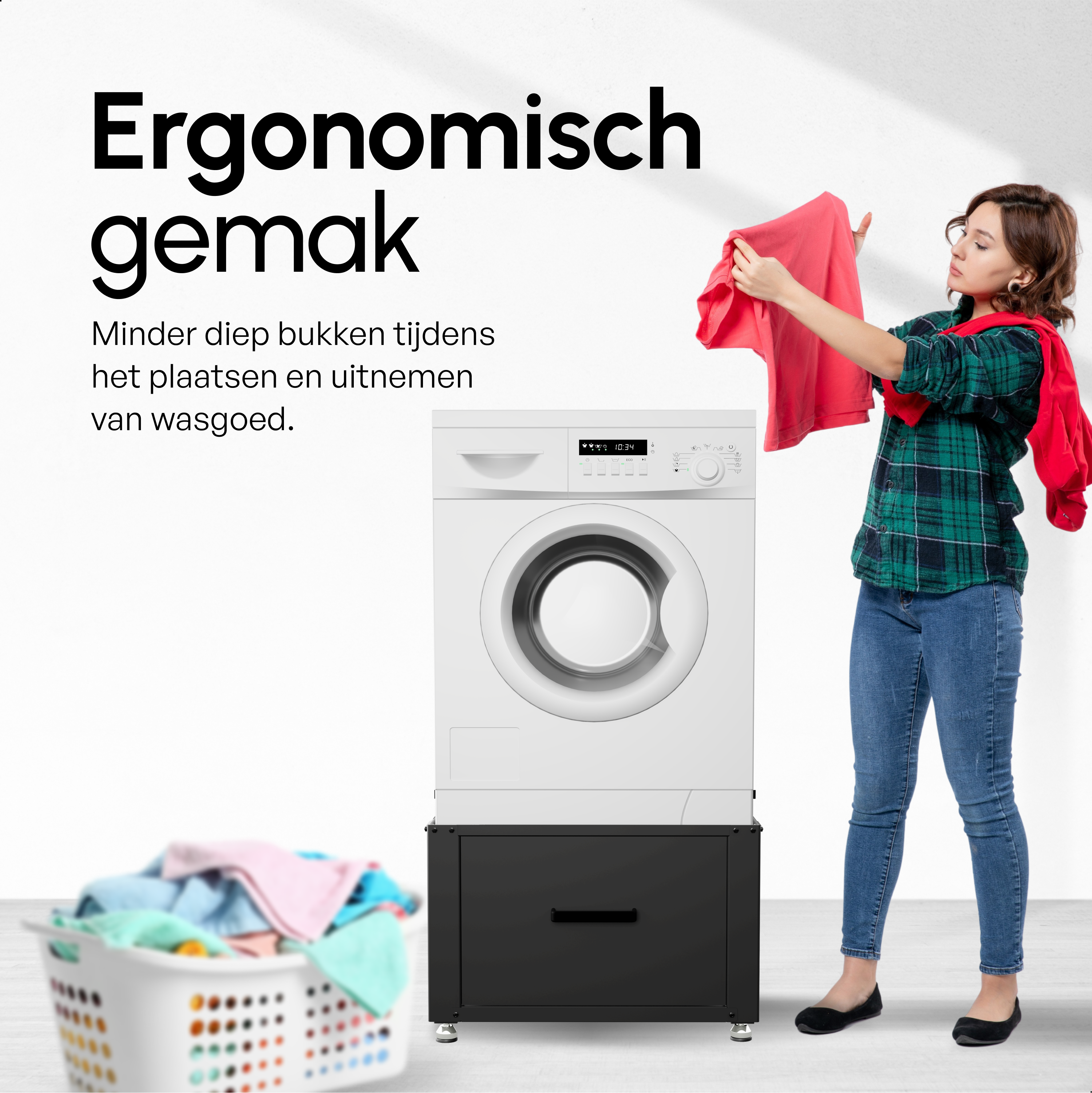 Wasmachine Verhoger met Opberglade - Zwart - 61x58x48 cm