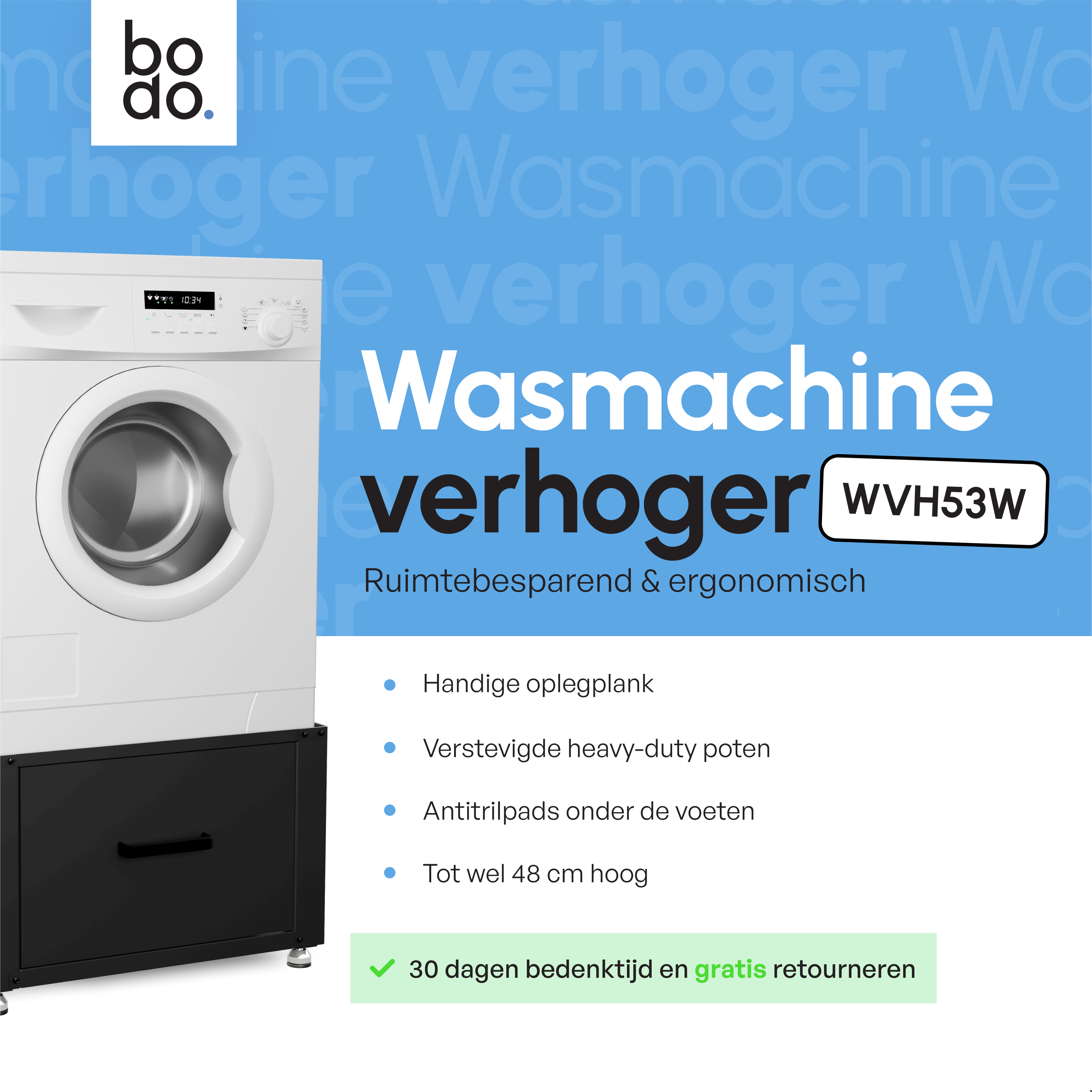 Wasmachine Verhoger met Opberglade - Zwart - 61x58x48 cm