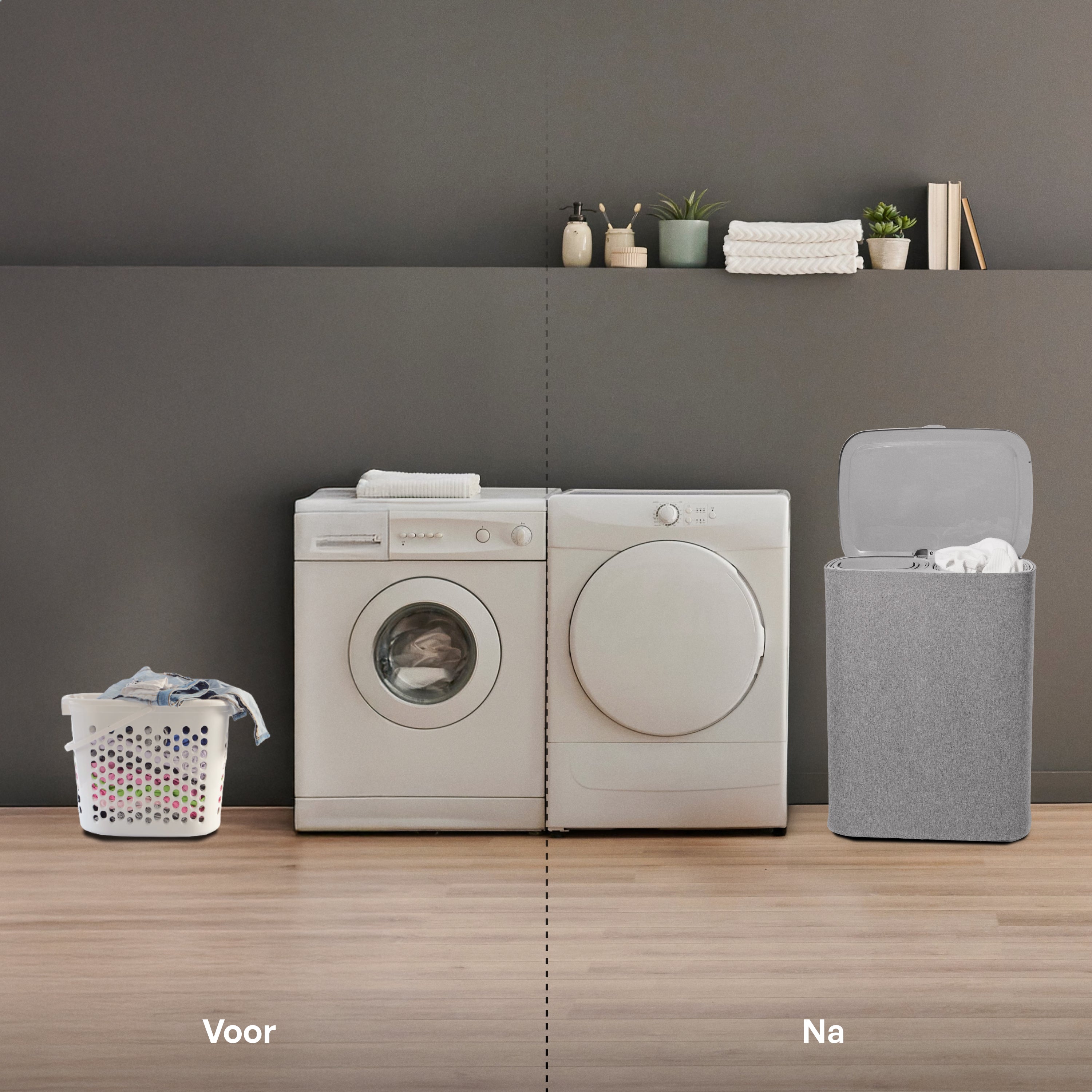 Wasmand Duosplit - Wasmand Met Deksel - 90L - 56x41x69 cm - Grijs