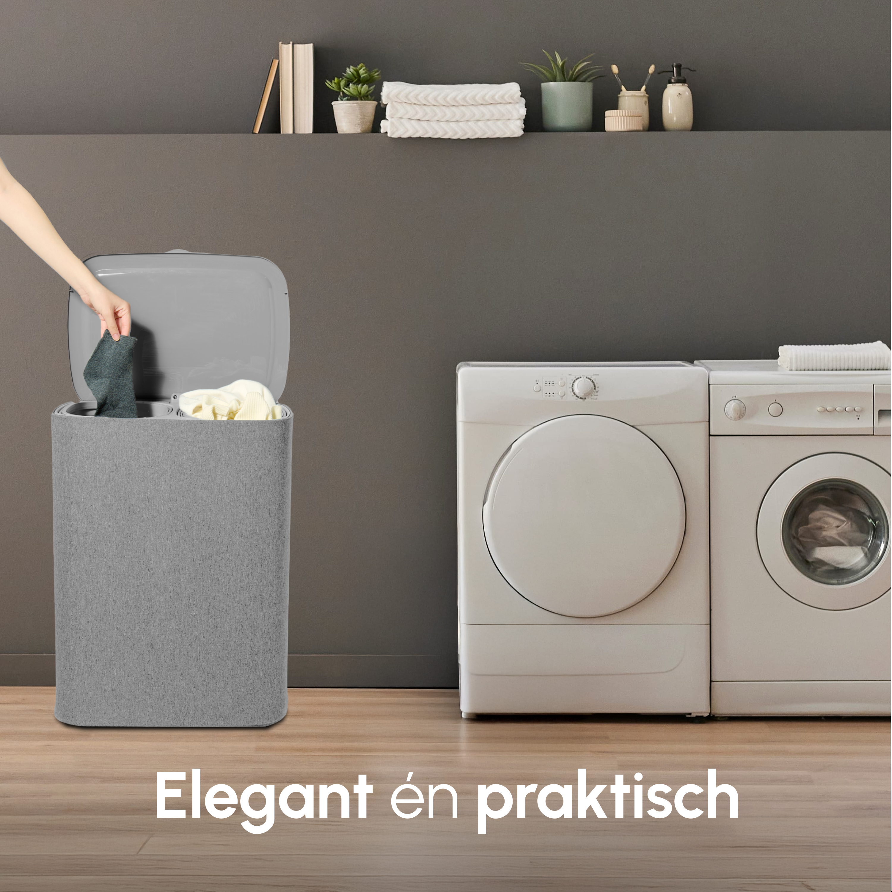 Wasmand Duosplit - Wasmand Met Deksel - 90L - 56x41x69 cm - Grijs