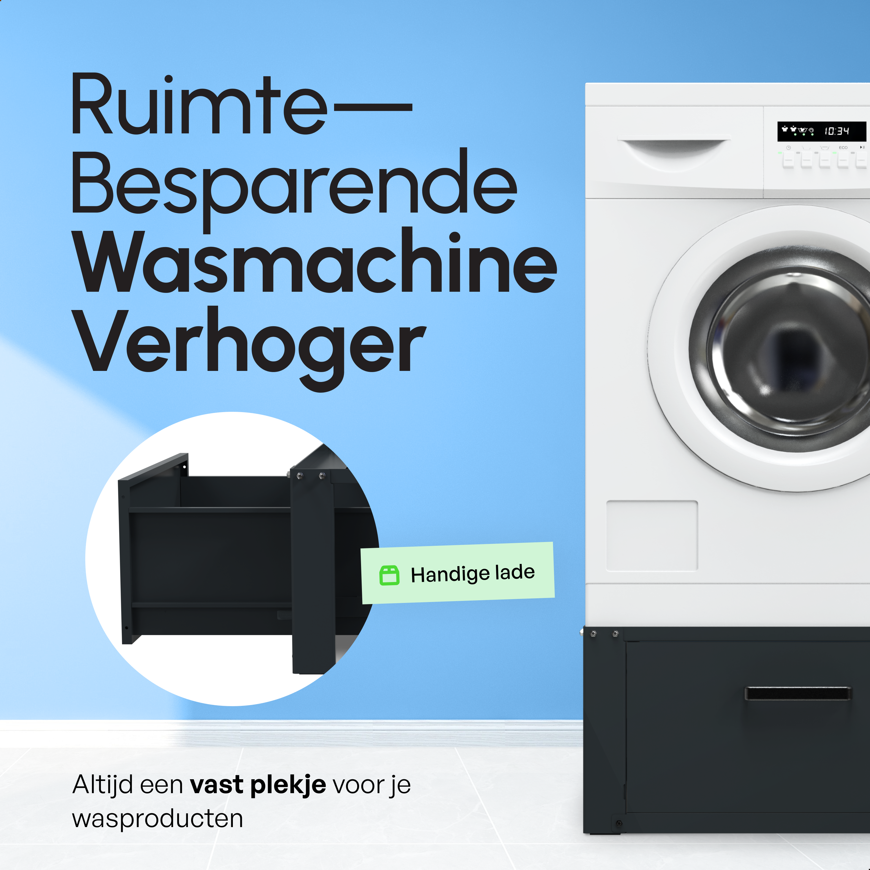 Wasmachine Verhoger Met Opberglade - Zwart